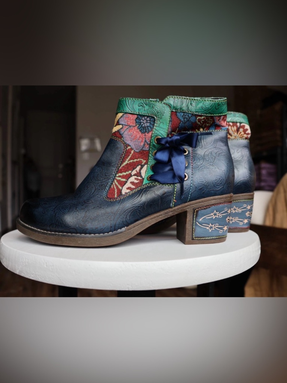 Socofy Blue Novelty Shoes Tapestry Embossed Artsy Boho Ankle Booties Lace Up 42